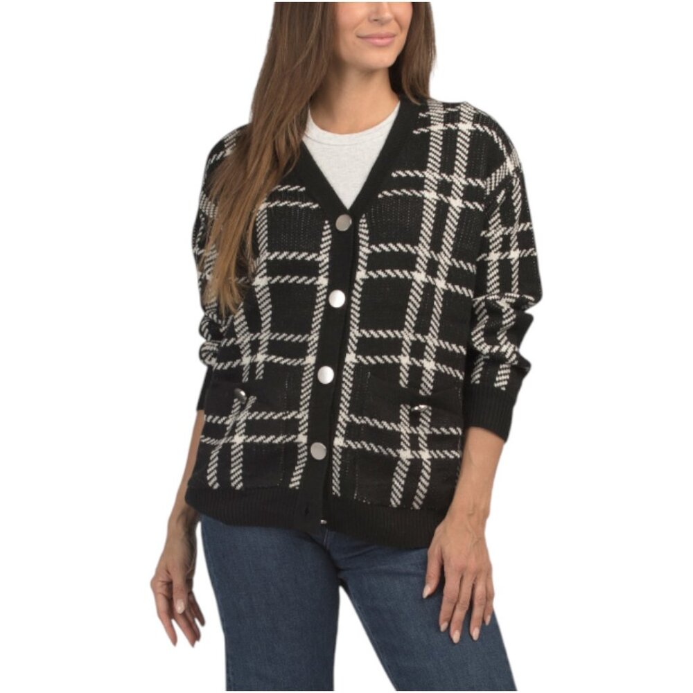 LA BIZ Wool Blend Plaid Oversized Chunky Knit Cardigan